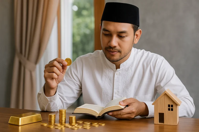 Ilustrasi investasi terbaik menurut Islam seperti emas, properti, dan saham syariah.